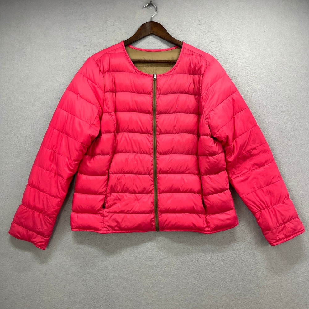 Lands End Reversible Down Puffer Jacket Women XL 18 Pink Brown Lightweight